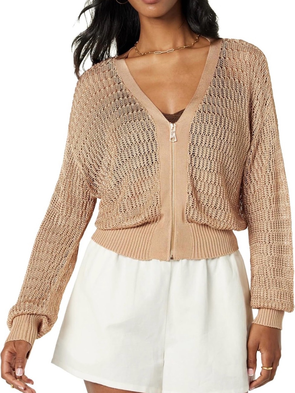 The Drop Latte Open Knit Zip Front Cardigan Sweater XL NWT Gold Tan Light Brown